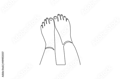 Continuous one line drawing of Female feet with pedicure. Single line drawing illustration of Woman legs of skincare for beauty. Health and wellness concept vector art. Doodle line illustration.