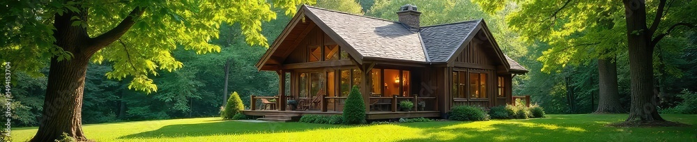 Obraz premium A cozy, simply designed house nestled amongst lush green trees Sunlight streams through the windows, illuminating the warm interior Perfect for a peaceful retreat , peaceful, cabin, minimalist