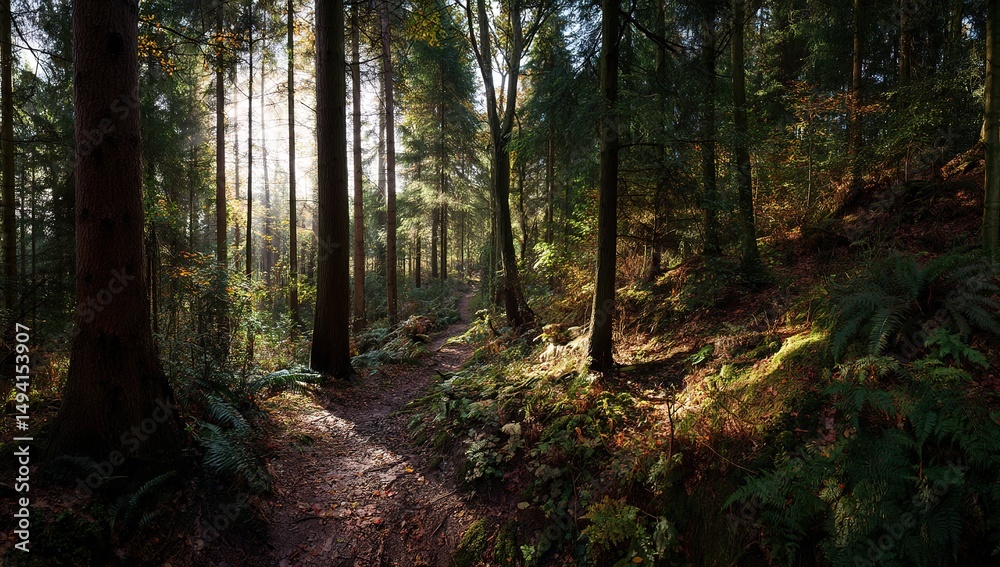 Obraz premium Sunlit Forest Path Through Trees