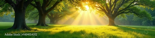 A serene, sunlit meadow encircled by ancient trees, symbolizing protection and spiritual harmony Perfect for concepts of peace, nature, and sacred spaces , landscape, wholeness