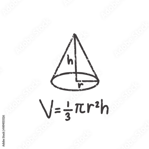 Cone volume formula vector showing V = 1/3 πr²h hand-drawn for geometry learning