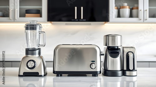 Modern kitchen appliances sitting on countertop: blender, toaster, and coffee maker