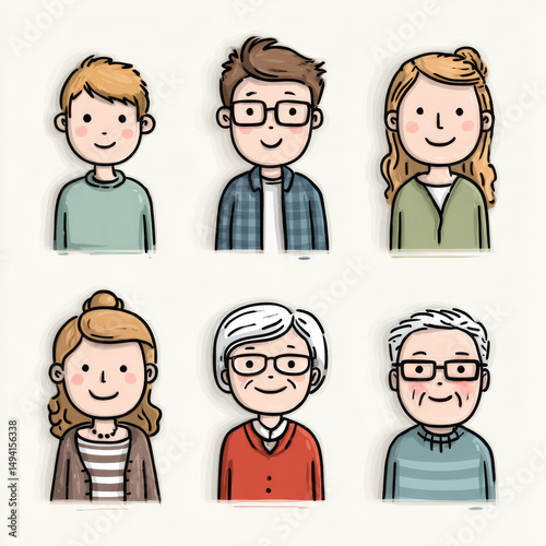 Set of cartoon illustrations showing different age groups, including children, teens, adults, and seniors, with cheerful expressions
