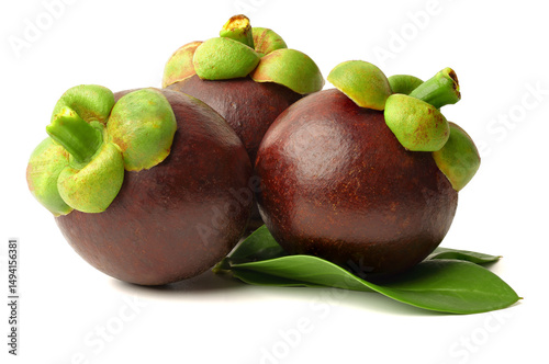 Fresh mangosteens on green leaves. isolated on a white background.