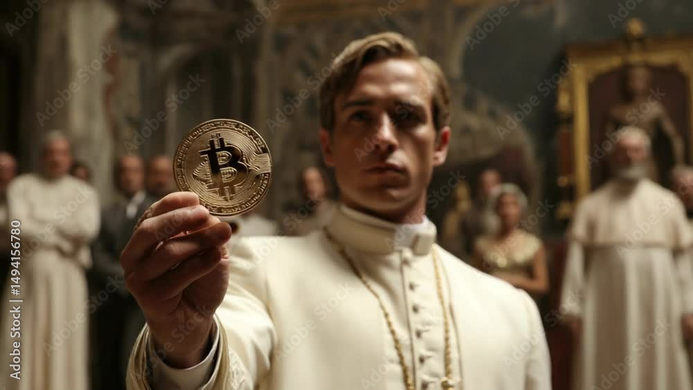 young priest holding bit coins at beautiful church