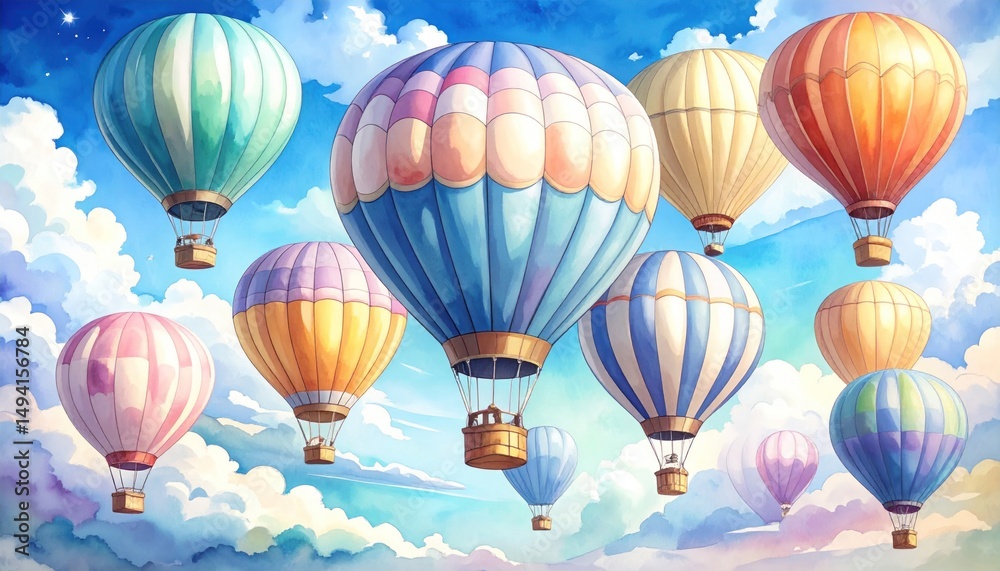 Obraz premium Watercolor painting with vibrant hot air balloons floating in a dreamy sky scape