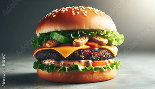 Juicy Gourmet Burger with Sesame Seed Bun and Crispy Toppings