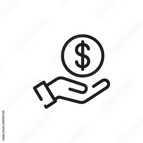 Save Money Icon – Hand Holding Dollar, Salary and Investment Finance Line Symbol on White Background