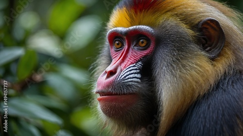 Fototapeta Naklejka Na Ścianę i Meble -  Mandrill Close-up. Close-up of a mandrill in the Gabon jungle.