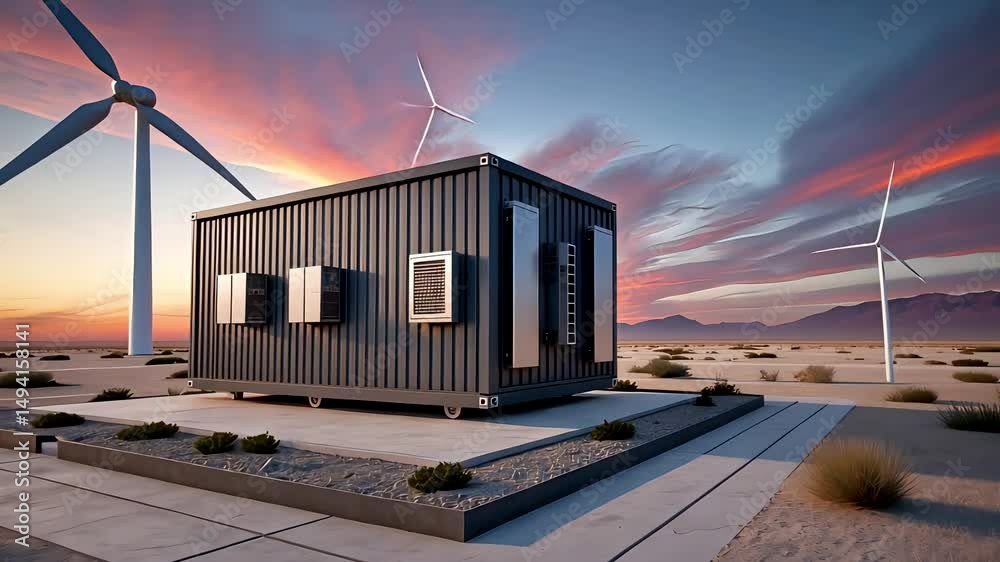 Modern prefab tiny home with solar panels and wind turbines in desert under colorful evening sky