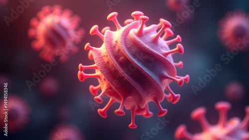 Helical virus with glowing envelope, pink-gold membrane, dark core, microscopic backdrop, neon outline effect.