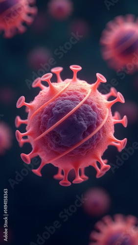 Helical virus with glowing envelope, pink-gold membrane, dark core, microscopic backdrop, neon outline effect.
