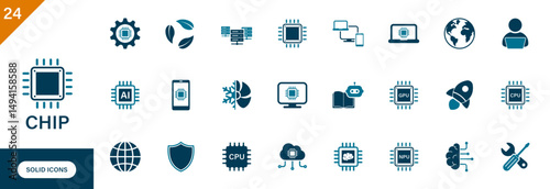 Chip icon. Containing computer technology, microchip, cpu, hardware, digital, data center, AI chip. Solid vector icon set.