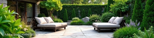 Serene patio landscape design featuring lush greenery, elegant stone paving, and comfortable seating Perfect for relaxation and outdoor entertaining Enjoy the tranquil ambiance , trees, outdoor space