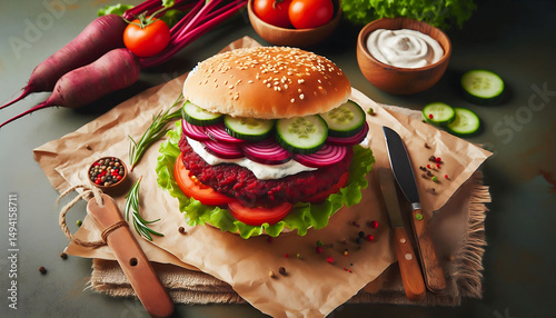 Delicious Beetroot Veggie Burger with Fresh Ingredients