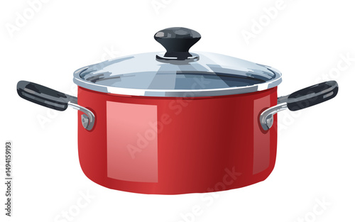 red cooking pot with black handled lid - vector illustration