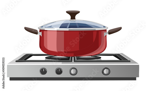 Vibrant Red Pot Gas Stove - Vector Illustration
