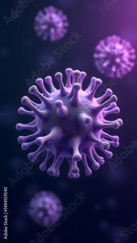 Branched helical virus with glowing limbs, purple sci-fi light, intricate 3D render, genetic engineering theme.