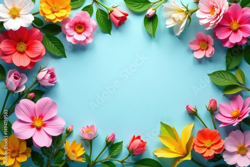 Vibrant, colorful spring background with blooming flowers and fresh green leaves , botanical, garden