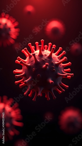 Spiked filamentous virus under red light, dangerous appearance, bio-luminescent glow, HD microscopic threat.