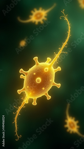 Enveloped filamentous virus with golden membrane, glowing edges, microscopic elegance, 3D scientific artwork.