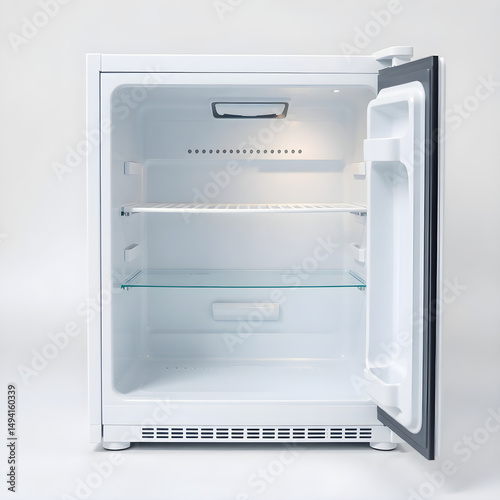 Open empty refrigerator displaying clean interior on white background