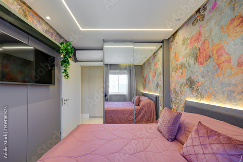 Modern bedroom and bathroom interiors with contemporary design, elegant decor, and natural light in a stylish apartment in Brazil

