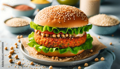 Delicious Vegan Chickpea Burger on Sesame Seed Bun with Lettuce and Tomato