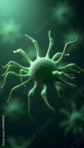 Bacteriophage with intricate caudal fibers glowing green, microscopic warfare scene with depth effect.