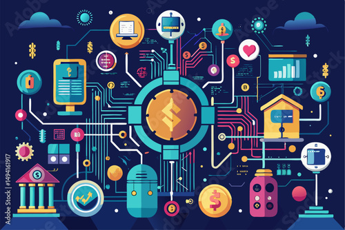 Futuristic digital banking concept showing a businessperson interacting with a virtual user interface. Features a glowing bank icon, financial technology symbols, global data map, and high-tech HUD 