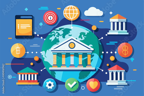 Futuristic digital banking concept showing a businessperson interacting with a virtual user interface. Features a glowing bank icon, financial technology symbols, global data map, and high-tech HUD 