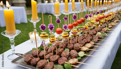 Elegant Outdoor Buffet with Meatballs and Vegetable Skewers