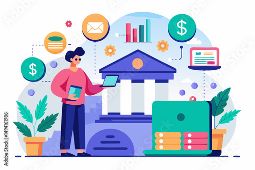Futuristic digital banking concept showing a businessperson interacting with a virtual user interface. Features a glowing bank icon, financial technology symbols, global data map, and high-tech HUD 