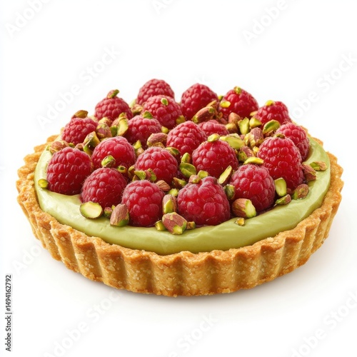 A different delicious raspberry and pistachio fruit tart with a light pistachio cream base 