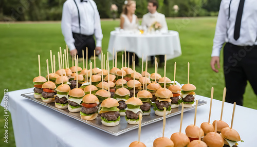 Gourmet Mini Burgers on Platter at Outdoor Wedding Reception