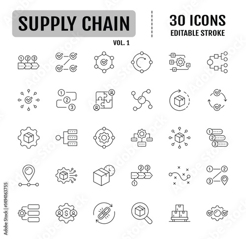 Set of 30 Supply chain line icons. Containing supply chain, value chain, logistic, delivery, manufacturing, commerce and more. Vector illustration. Editable stroke