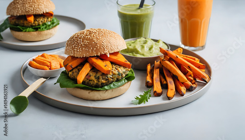 Delicious Veggie Burger with Sweet Potato Fries and Dips