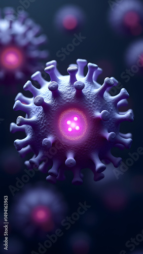 Network-structured virus with fiber-optic glow, floating in microscopic environment with cellular damage.