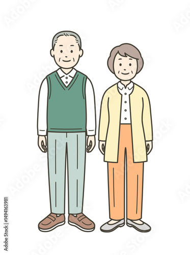 高齢男女の夫婦が並んで立っている全身イラスト
