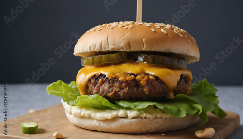 Juicy Cheeseburger with Pickles and Sesame Bun on Wooden Board