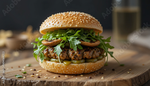 Gourmet Mushroom and Arugula Burger on Rustic Wood