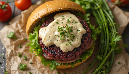 Delicious Beetroot Burger with Creamy Sauce and Fresh Greens