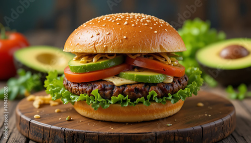 Juicy Vegetarian Burger with Avocado and Crispy Onions on Wooden Board