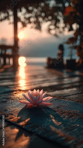 Lotus on a yoga mat, bathed in soft morning light, symbolizing peace and renewal on International Yoga Day.