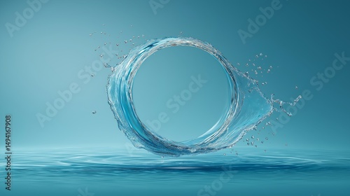 Aqua Ring: A mesmerizing loop of water defying gravity, captured in stunning detail, evoking a sense of fluidity, purity, and dynamic motion, set against a serene blue backdrop.