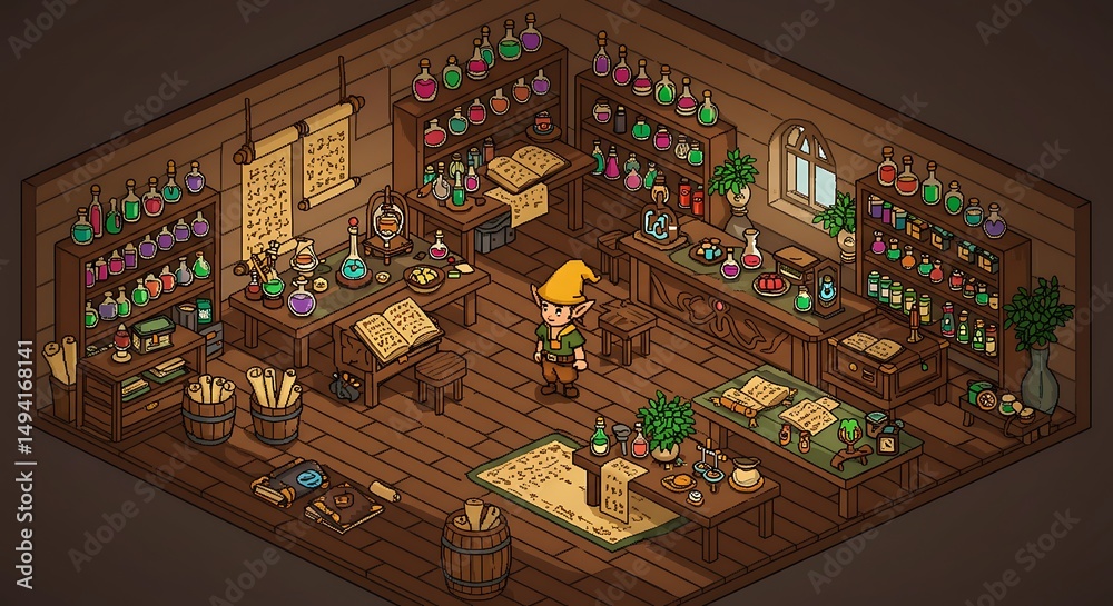 Naklejka premium Pixel Art Alchemist's Shop with Elf