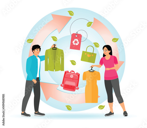 Two Individuals Promoting Sustainable Clothing Exchange for Environmental Awareness.