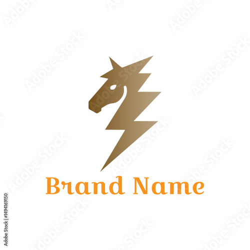 This abstract company logo design features a vector illustration, an artful icon that serves as a business symbol and logotype for web or print on a card. Combination of horsehead and thunderbolt logo
