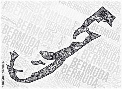 Bermuda regions map word cloud. Bermuda region names. Black and white map design. Classy vector illustration.