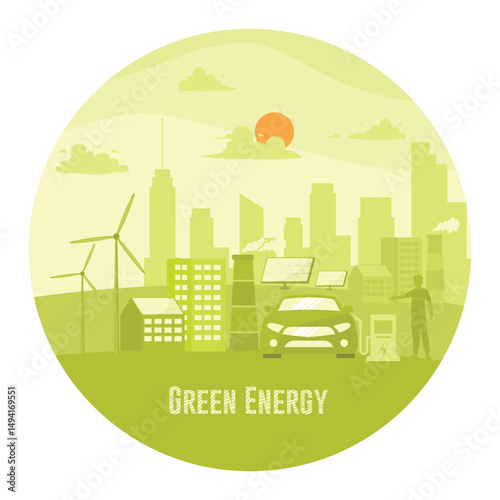 Caring for the Environment and Using Clean Green Energy With Solar Panels And Wind Turbines.